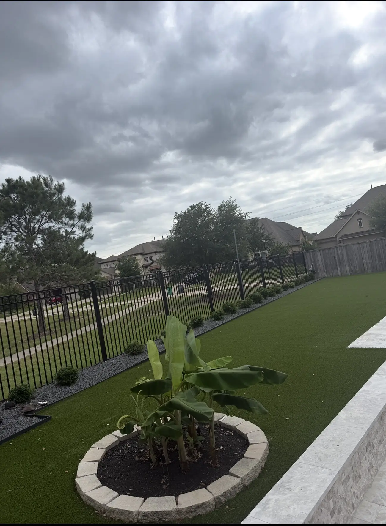 Screenshot Artificial turf lawn in a residential backyard featuring a newly planted tree in a circular mulch bed, bordered by a wooden fence and neighboring homes under a cloudy sky.