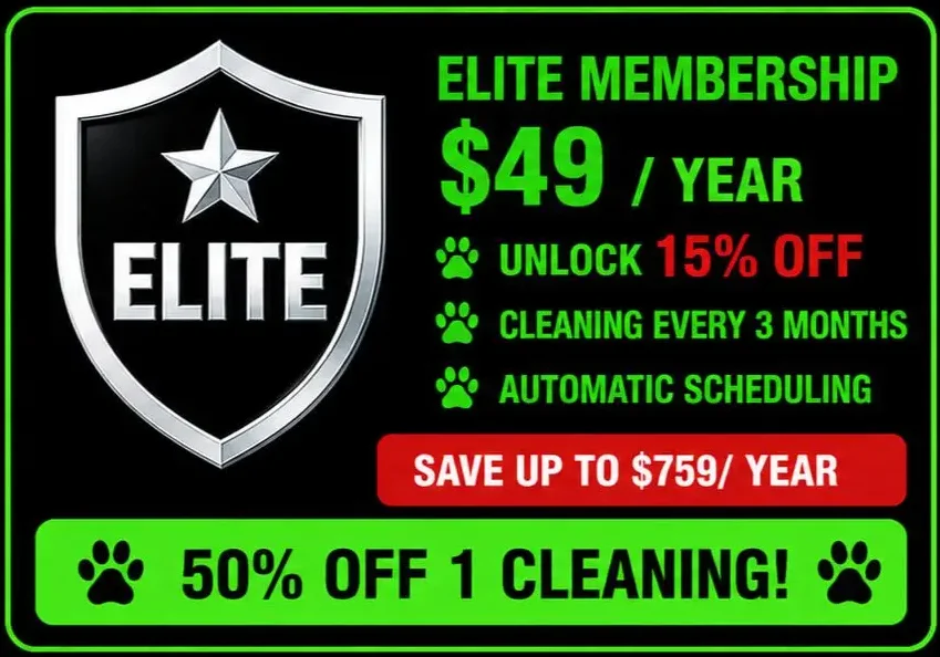 Promotional graphic for an Elite Membership turf maintenance plan, featuring a shield-style elite badge, monthly pricing, member discounts, bi-monthly cleaning service, and a bold green, black, and white design.