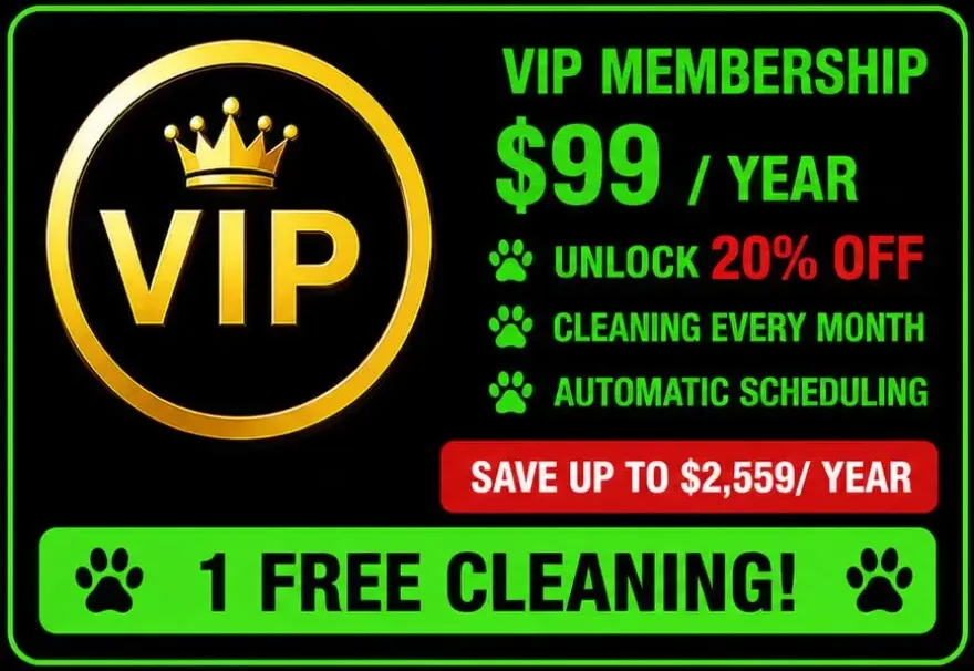Promotional graphic advertising a VIP membership for turf cleaning services, featuring a gold VIP emblem, pricing details, member discounts, monthly cleaning benefits, and a bright green and black design.